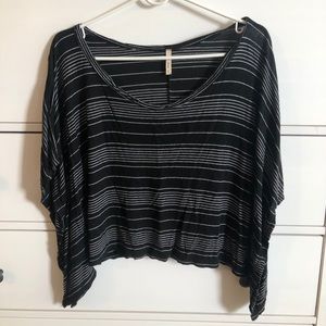 Black striped cropped off shoulder wide T